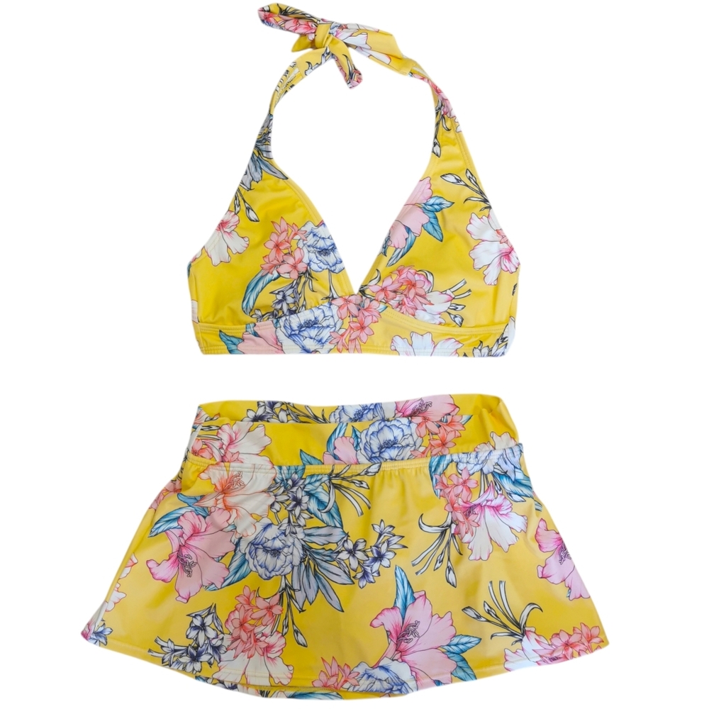 VENUS Yellow Floral Halter Bikini Skirted Set Size 8 DD 32DDD 34DD 36D